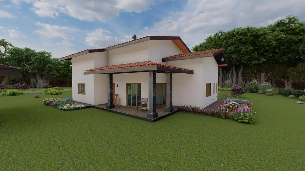 Corner view of sustainable residential construction project